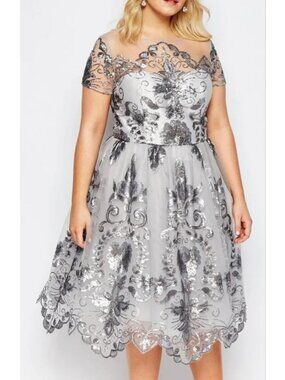 Chi Chi London Allanah Midi Dress US 8 Sequin Asymmetrical Hem Fairy Party Event